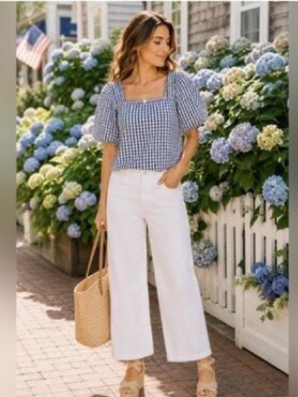 CeCe 1X Gingham Puff Sleeve 100% Cotton Blouse Navy White Cottagecore Coastal - Picture 7 of 7